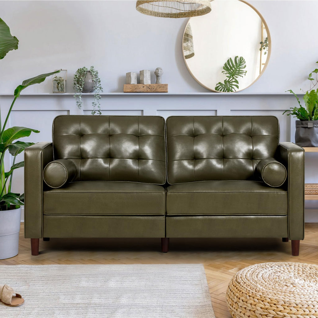 67" Olive Green Faux Leather 2-Seater Sofa with Bolster Pillows X9181