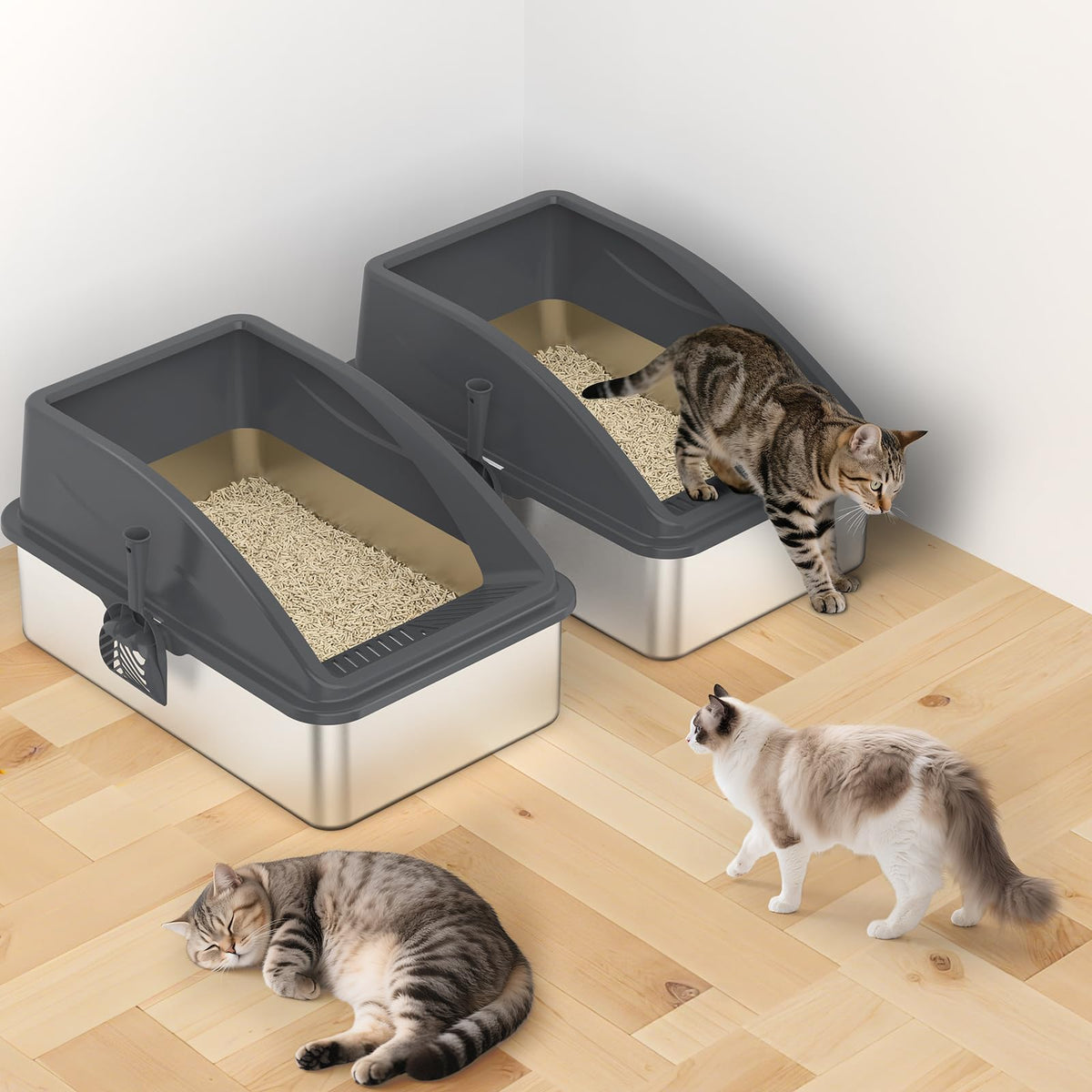 2 Pack XL Stainless Steel Enclosed Cat Litter Box with Lid L36314