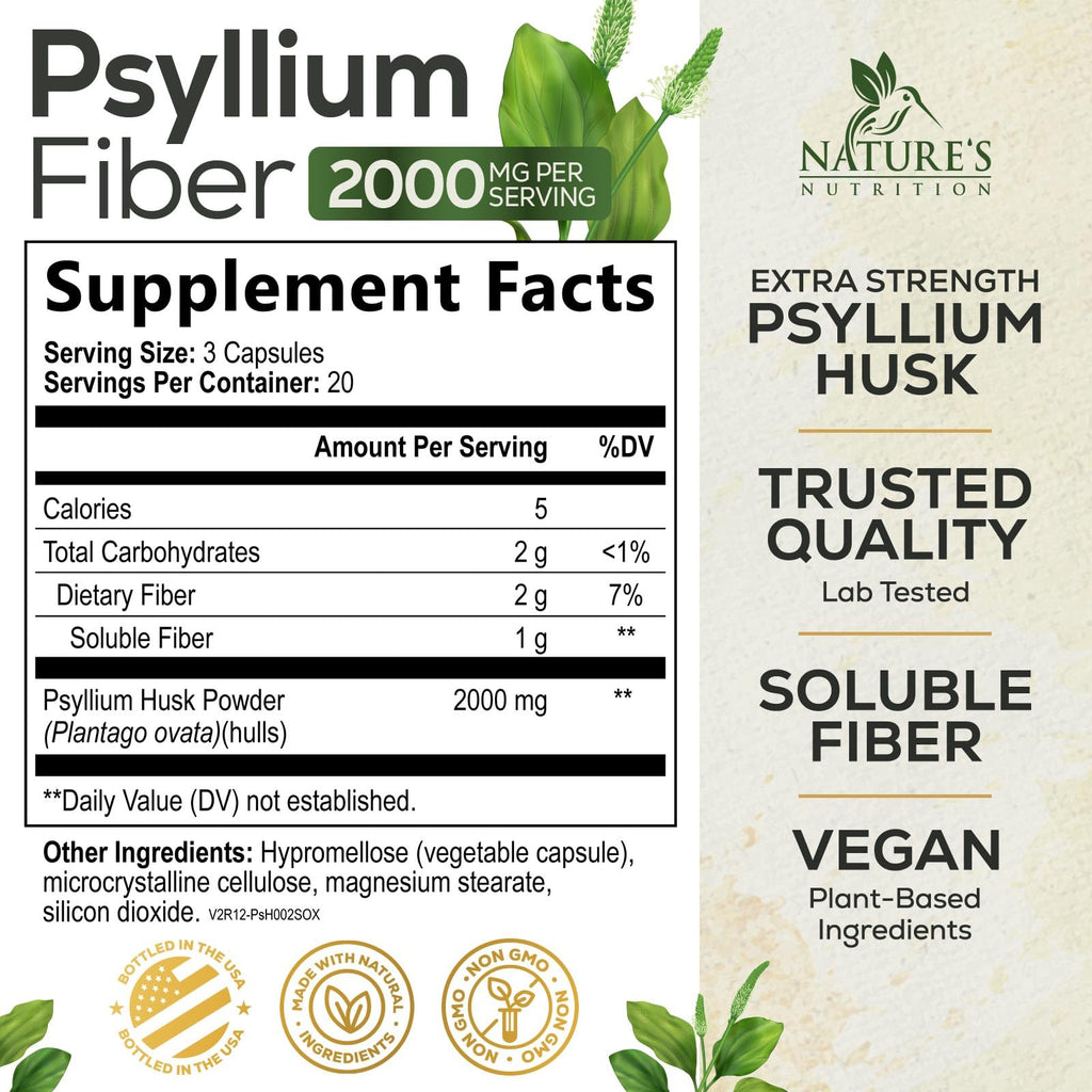 Psyllium Husk Powder 2000mg Fiber Supplement 60 Capsules H172517