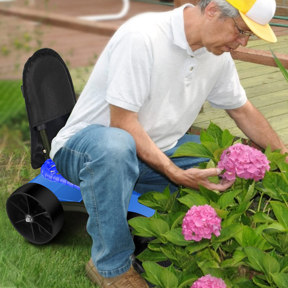 Blue Rolling Garden Cart with Four Wheels and Tool Bag W4101