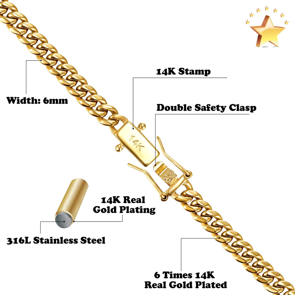 3mm 6mm Cuban Link Chain 14K Gold Plated Stainless Steel Necklace B573558