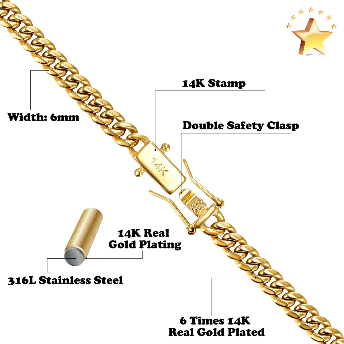 3mm 6mm Cuban Link Chain 14K Gold Plated Stainless Steel Necklace B573558