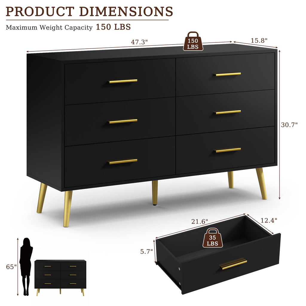 Black 6 Drawer Wood Dresser F396