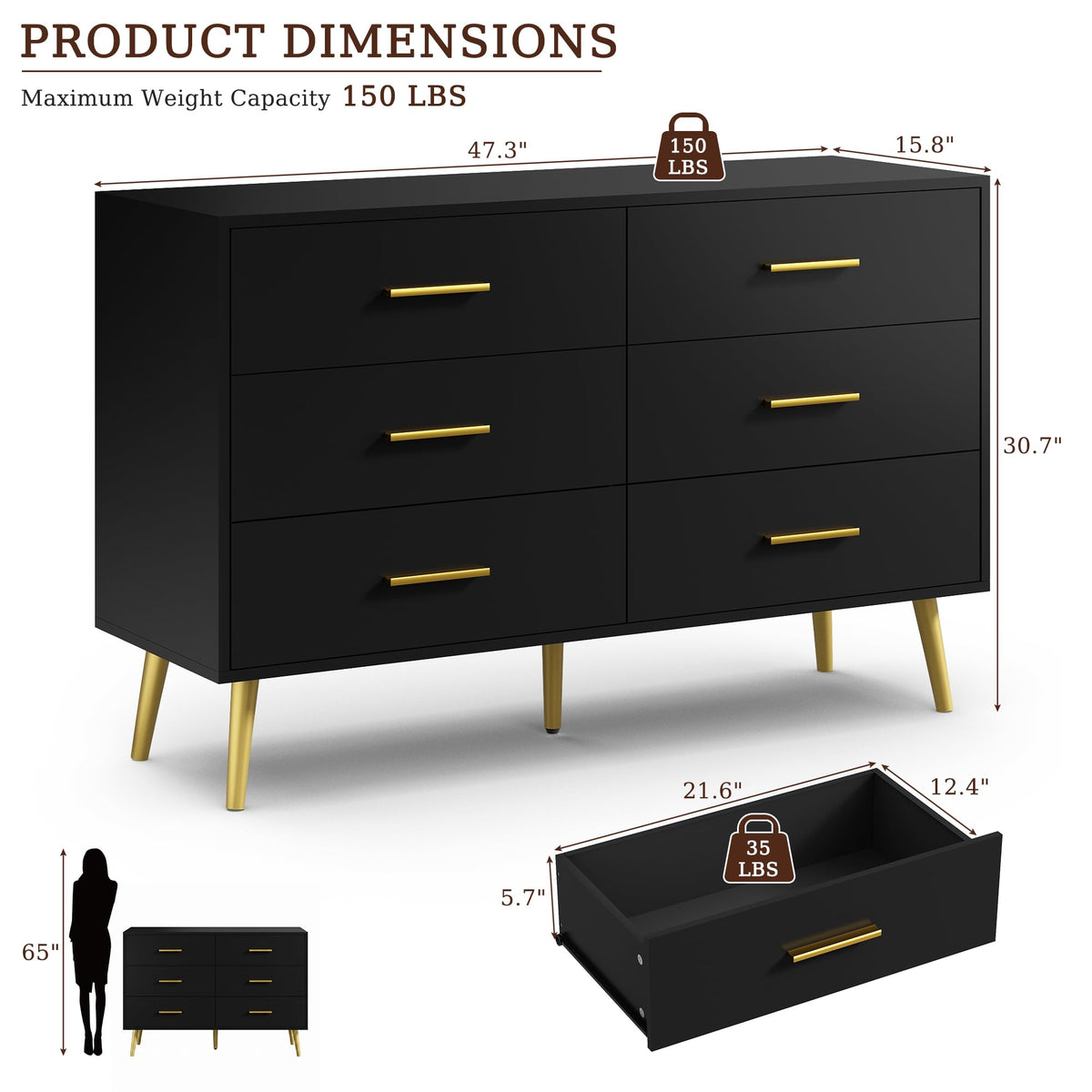 Black 6 Drawer Wood Dresser F396