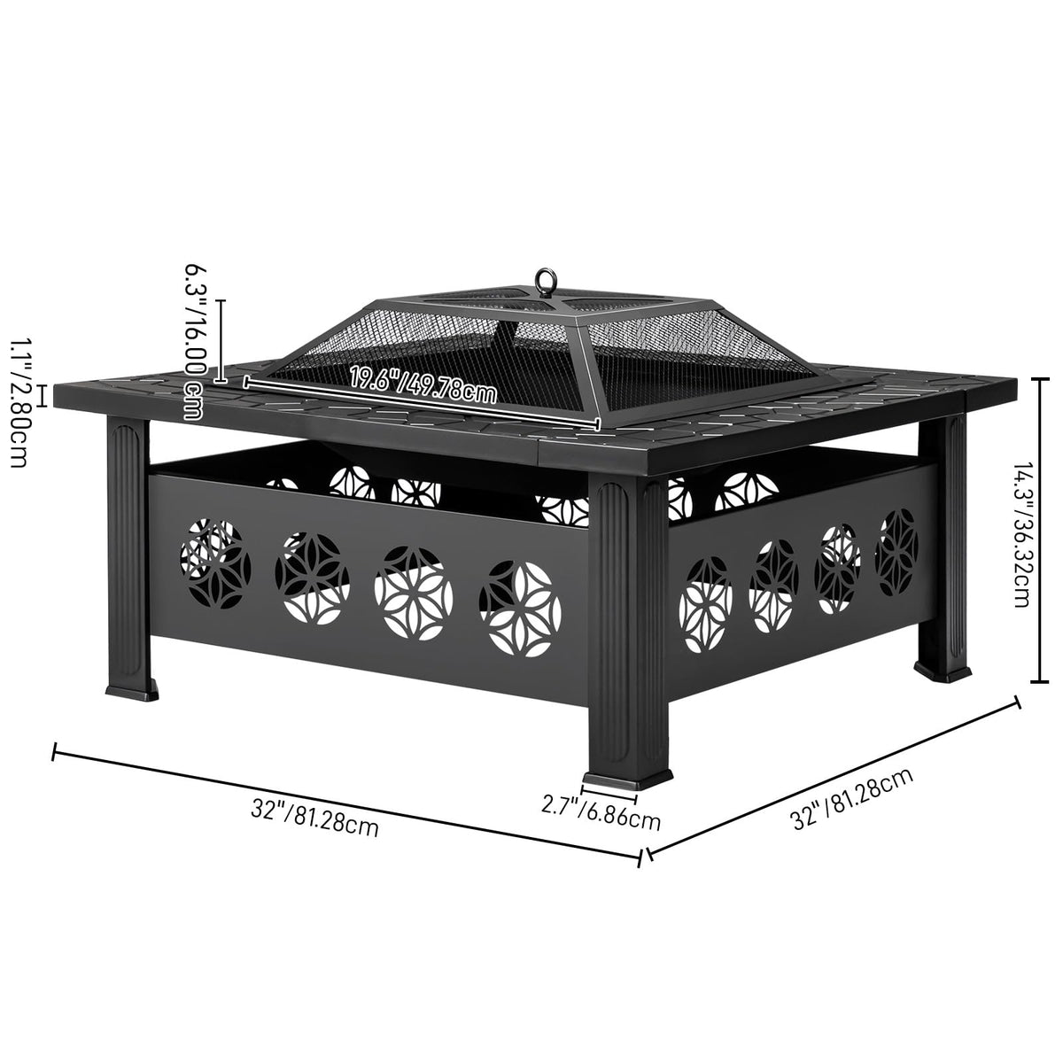 32 Inch Square Wood Burning Fire Pit Table with Spark Screen Lid and Fire Poker E73058
