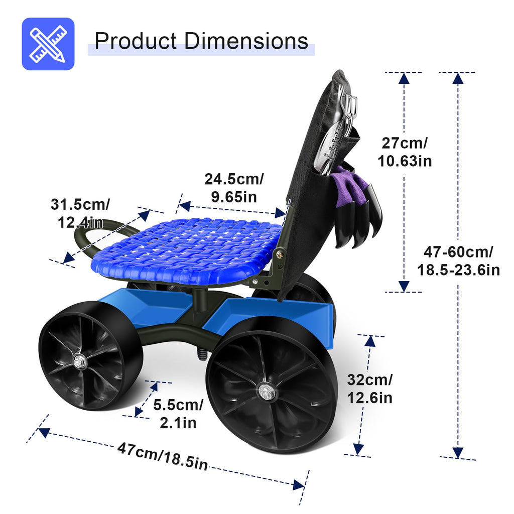 Blue Rolling Garden Cart with Four Wheels and Tool Bag W4101