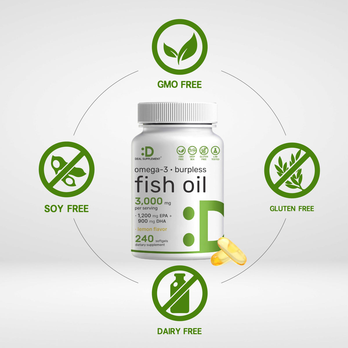 Omega 3 Fish Oil 3,000mg 240 Softgels EPA DHA Lemon Flavored Y633