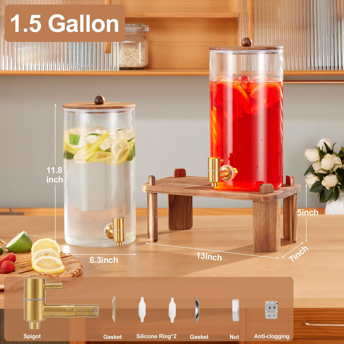 2pcs 1.5 Gallon Glass Drink Dispenser with Wood Stand Y784