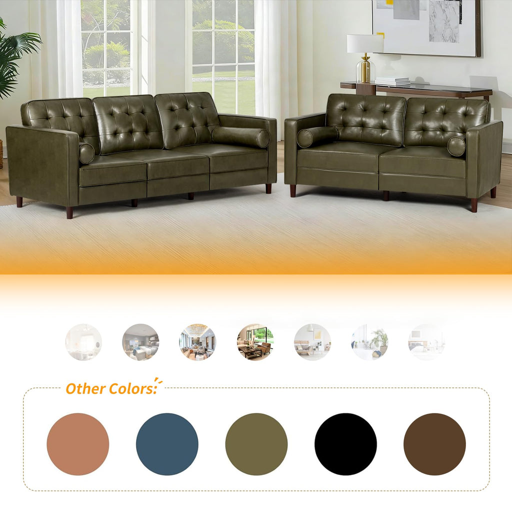 67" Olive Green Faux Leather 2-Seater Sofa with Bolster Pillows X9181