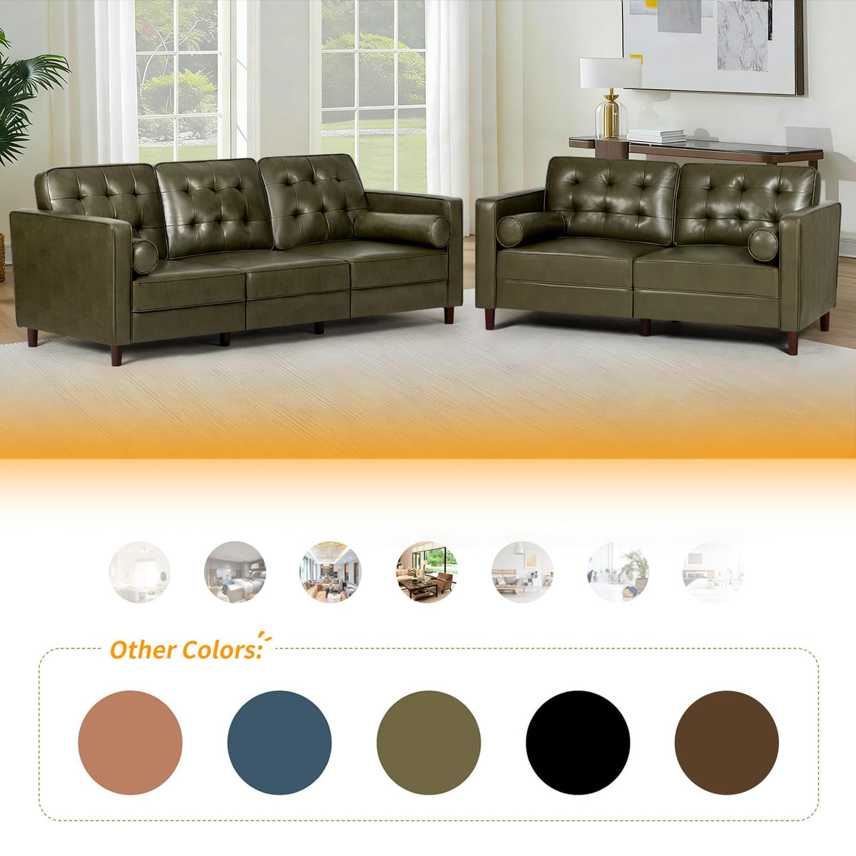 67" Olive Green Faux Leather 2-Seater Sofa with Bolster Pillows X9181