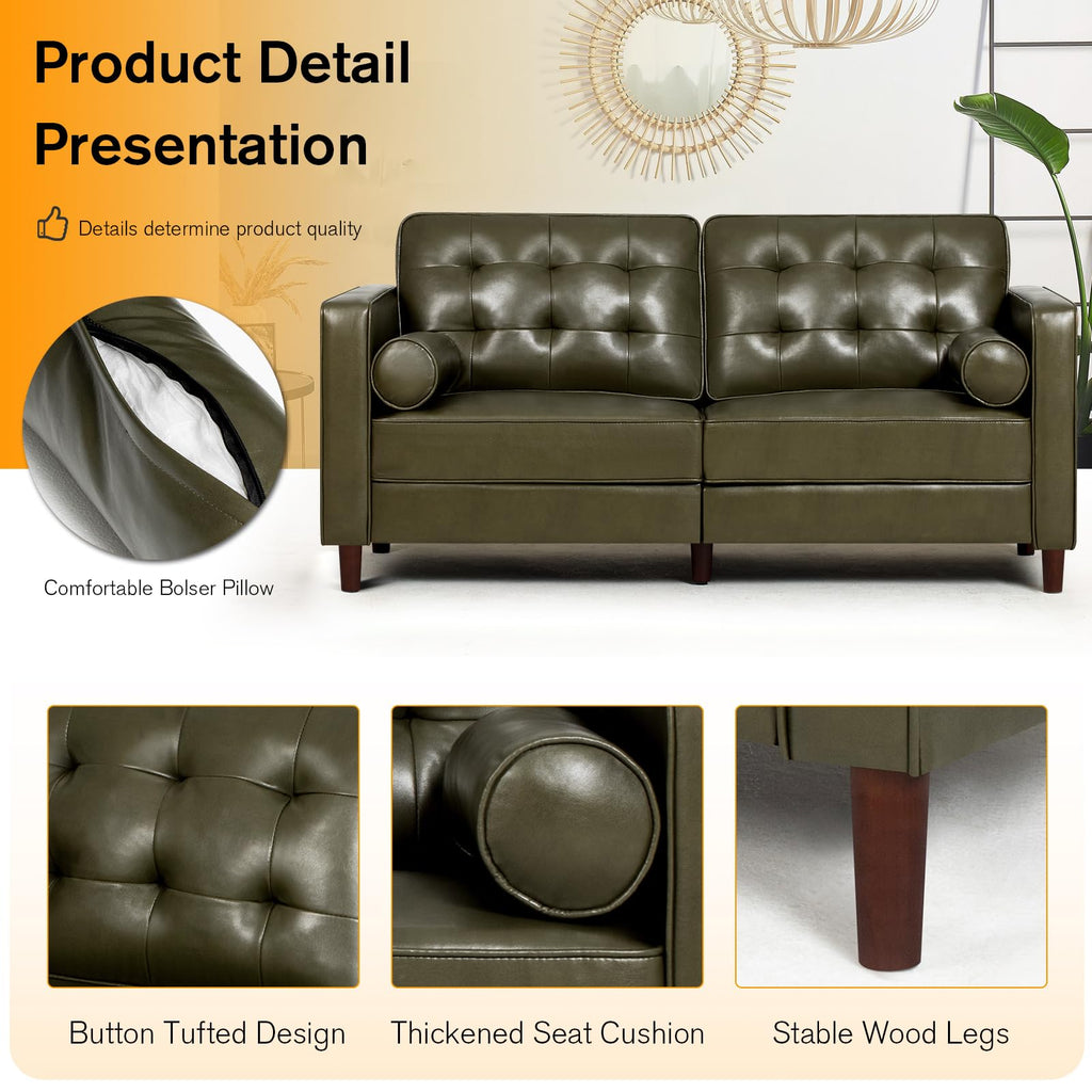 67" Olive Green Faux Leather 2-Seater Sofa with Bolster Pillows X9181