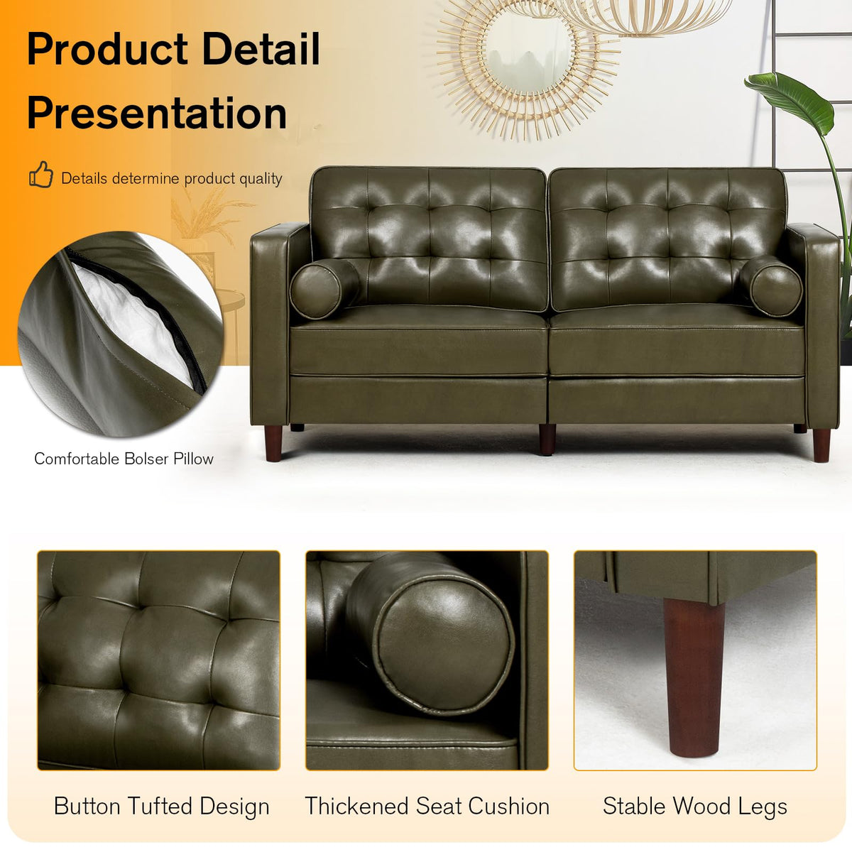 67" Olive Green Faux Leather 2-Seater Sofa with Bolster Pillows X9181