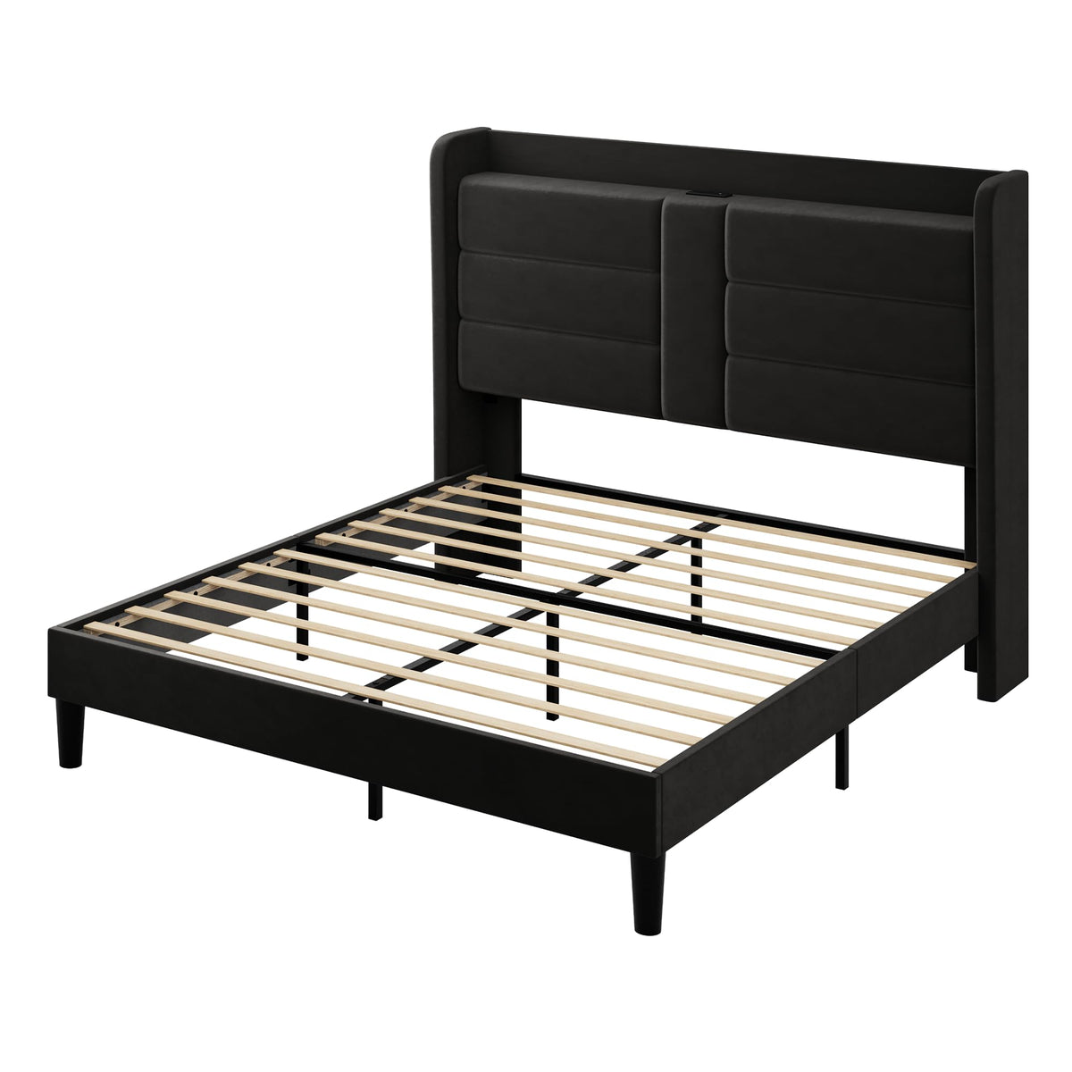 Queen Size Black Velvet Upholstered Platform Bed Frame with Storage Headboard W3457