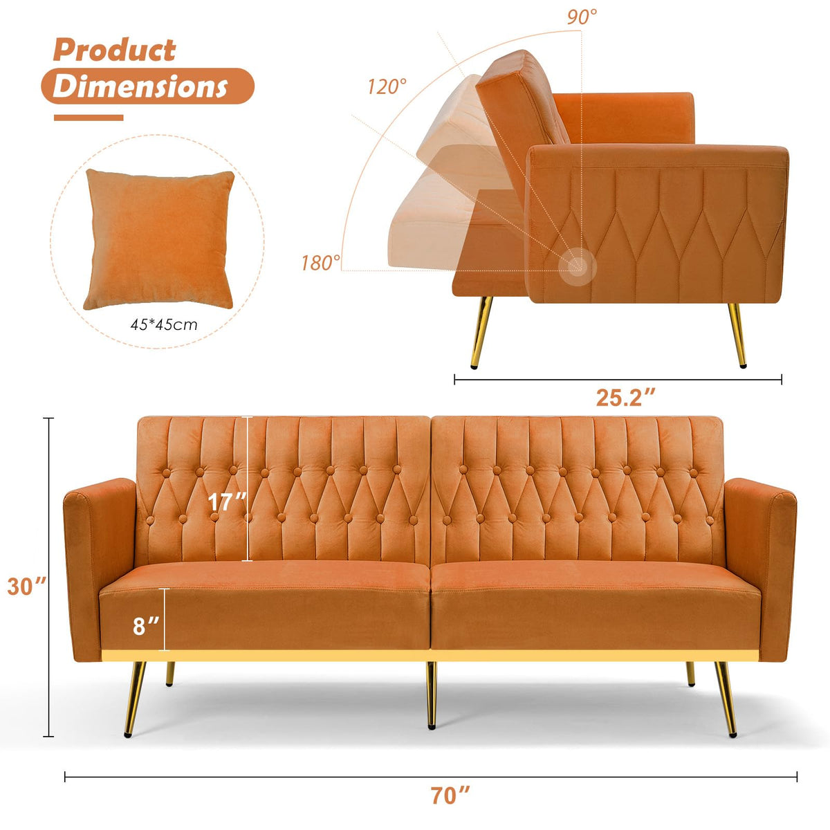 70" Velvet Futon with Adjustable Backrest and Armrests O58171