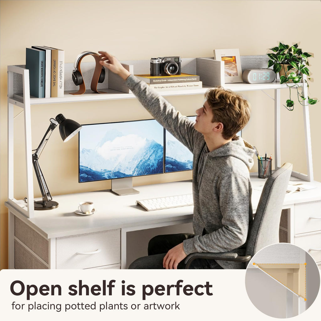 48 Inch White Computer Desk with Hutch and 8 Drawers E800938