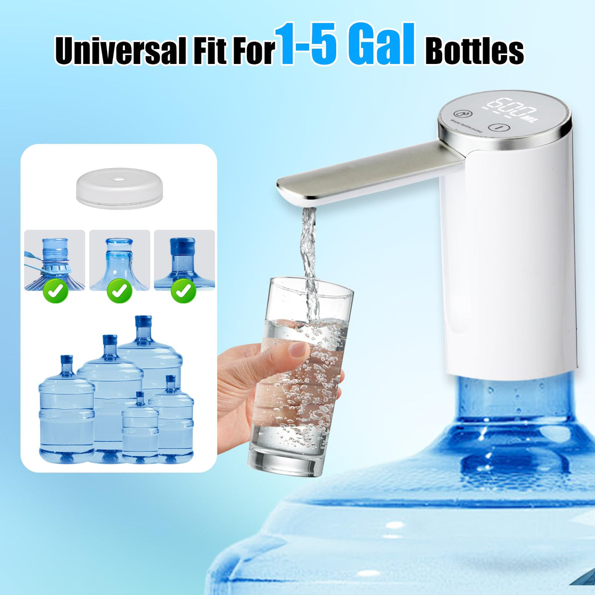 Countertop Water Dispenser with LED Display, Foldable Spout, 4 Dispense Modes, USB-C Rechargeable, White B10398