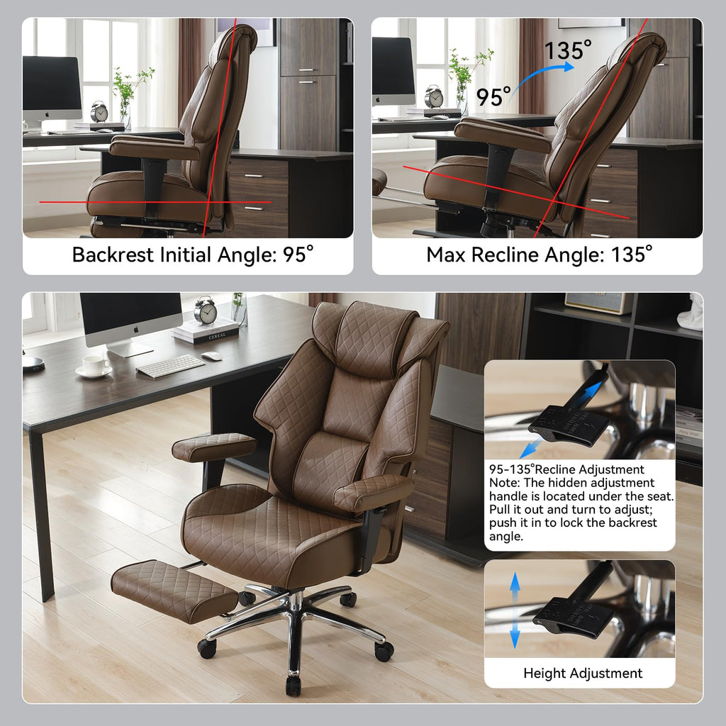 Big and Tall Office Chair with Footrest, PU Leather High Back Executive Chair 400lbs, Ergonomic Computer Chair Lumbar Support (Brown) X9273