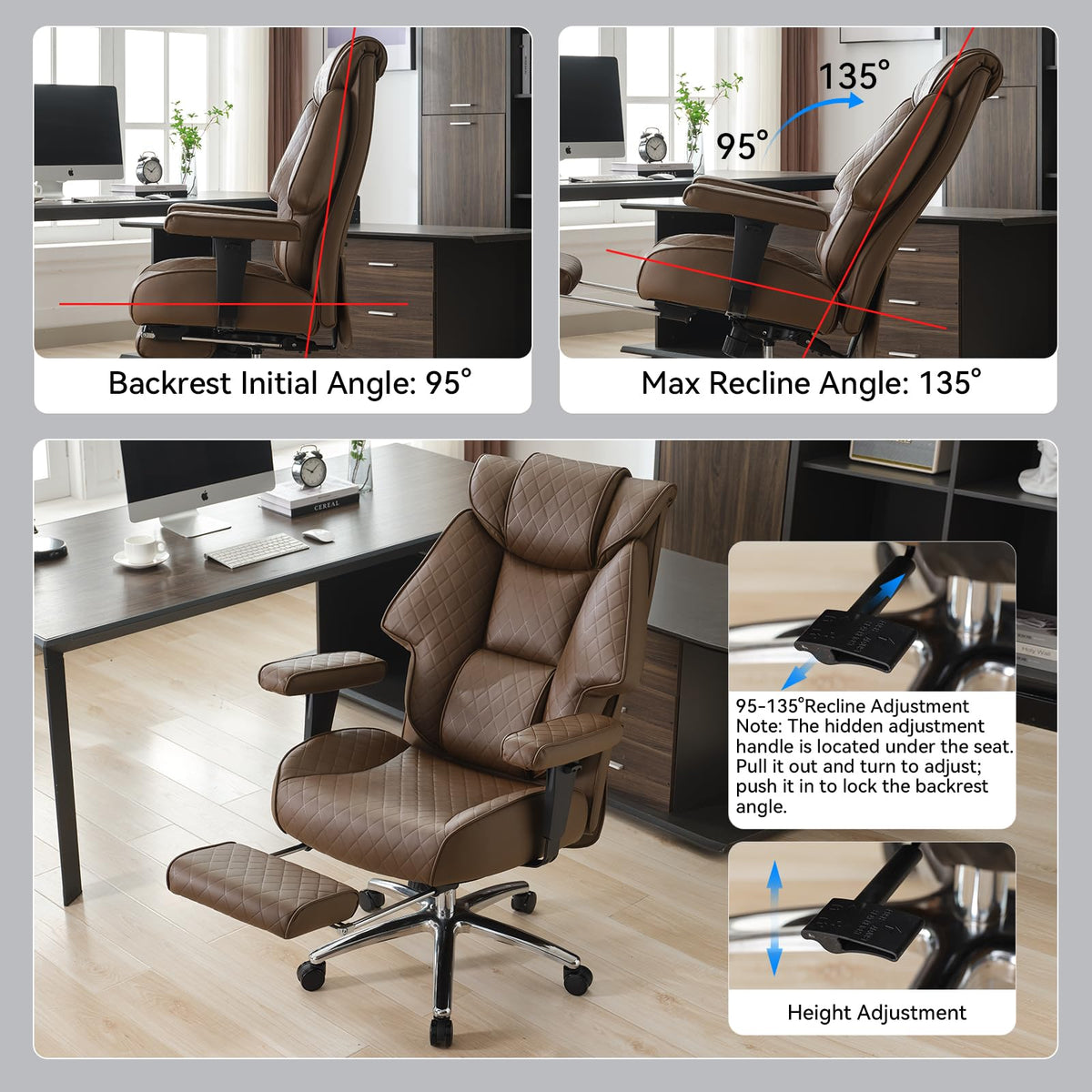 Big and Tall Office Chair with Footrest, PU Leather High Back Executive Chair 400lbs, Ergonomic Computer Chair Lumbar Support (Brown) X9273