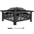 32 Inch Square Wood Burning Fire Pit Table with Spark Screen Lid and Fire Poker E73058