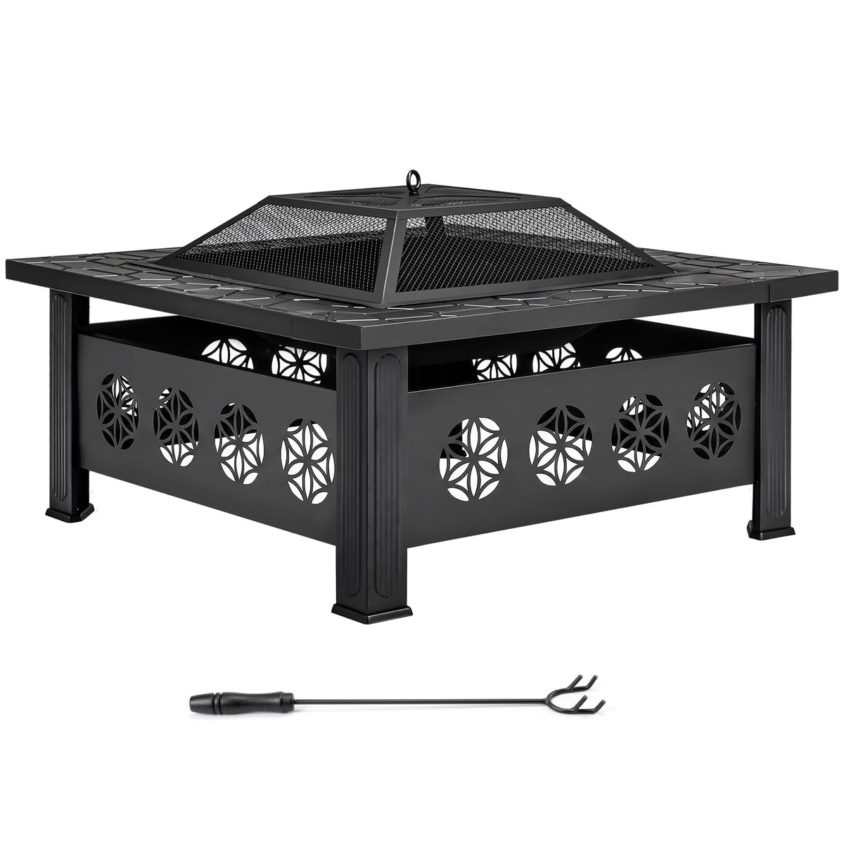 32 Inch Square Wood Burning Fire Pit Table with Spark Screen Lid and Fire Poker E73058