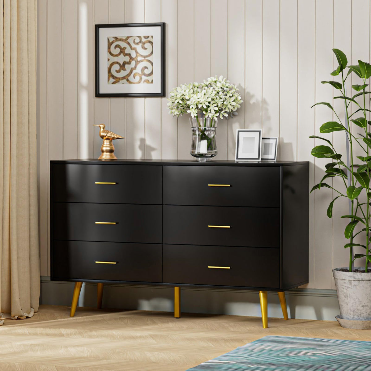 Black 6 Drawer Wood Dresser F396