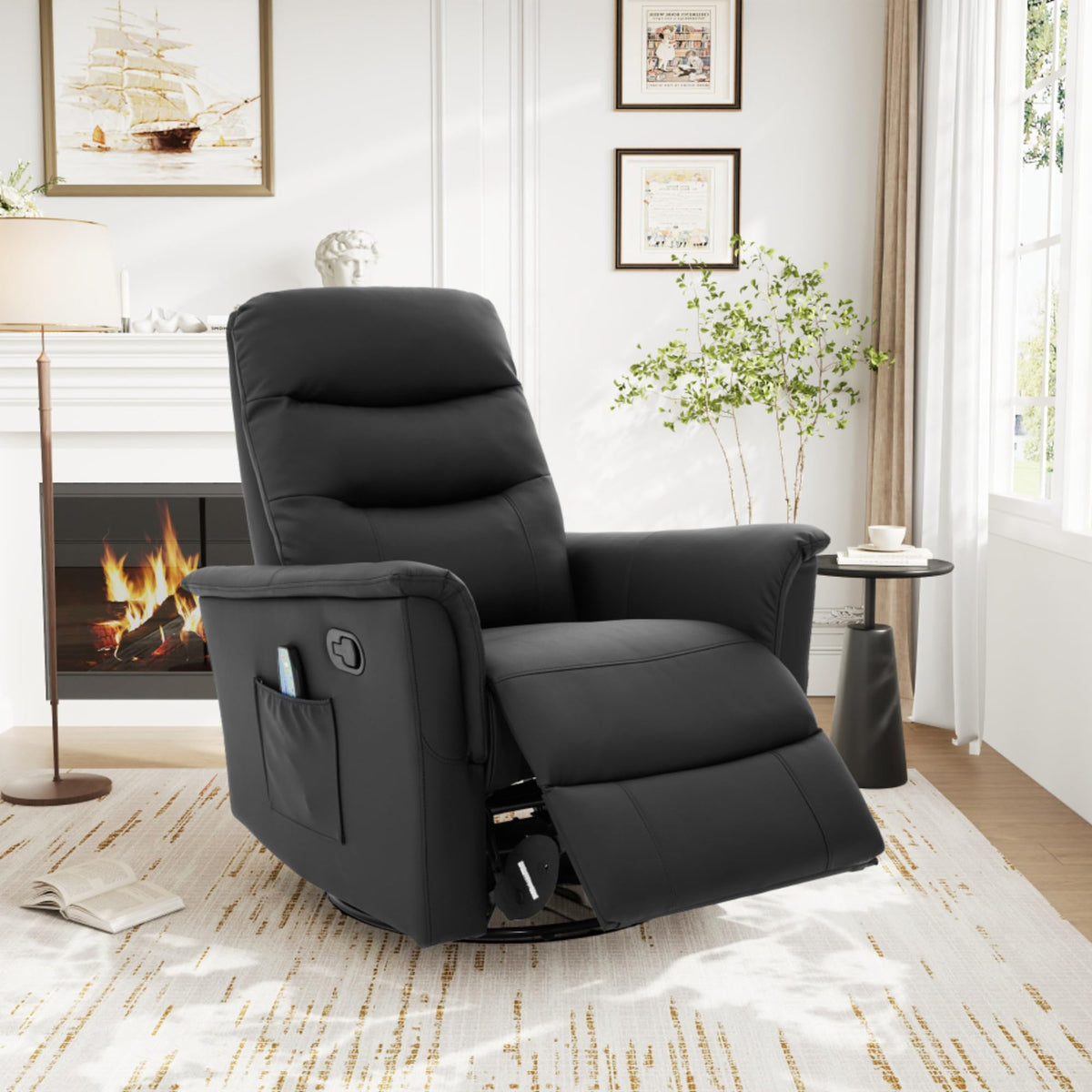 Black Boucle Swivel Rocker Glider Lounge Chair O48613