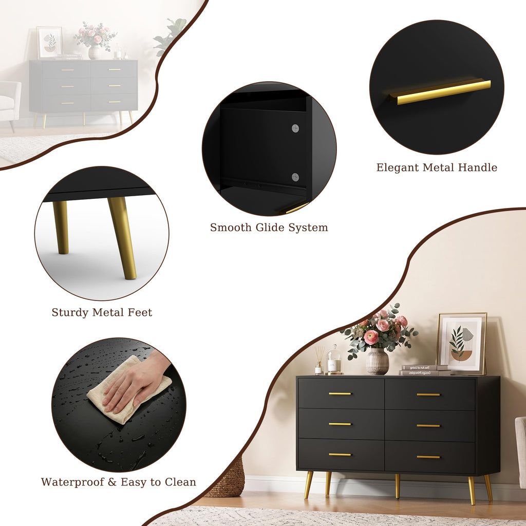 Black 6 Drawer Wood Dresser F396