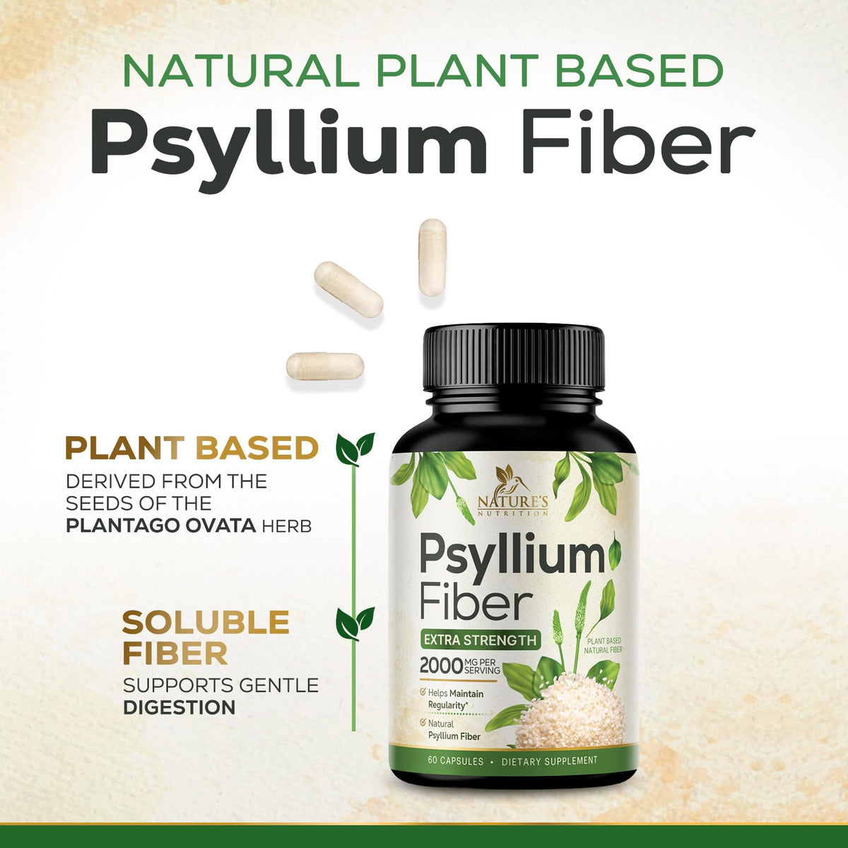Psyllium Husk Powder 2000mg Fiber Supplement 60 Capsules H172517