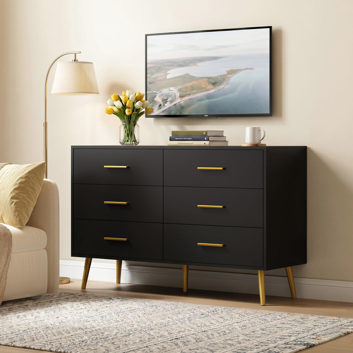 Black 6 Drawer Wood Dresser F396