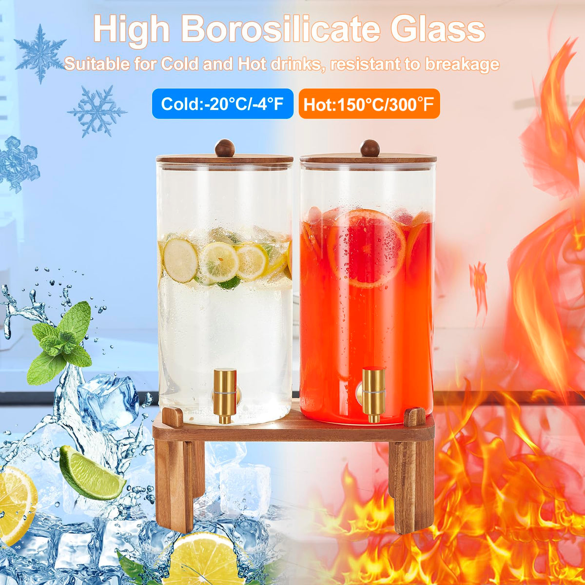 2pcs 1.5 Gallon Glass Drink Dispenser with Wood Stand Y784