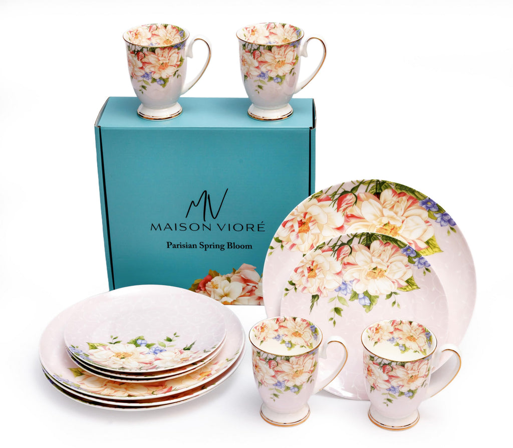 Pink Floral Ceramic Plates and Mugs Set Of 12 K1011