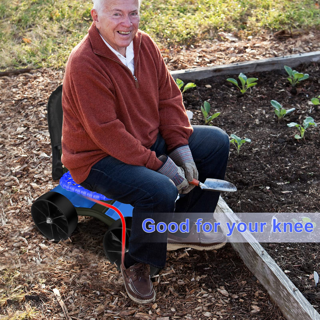 Blue Rolling Garden Cart with Four Wheels and Tool Bag W4101