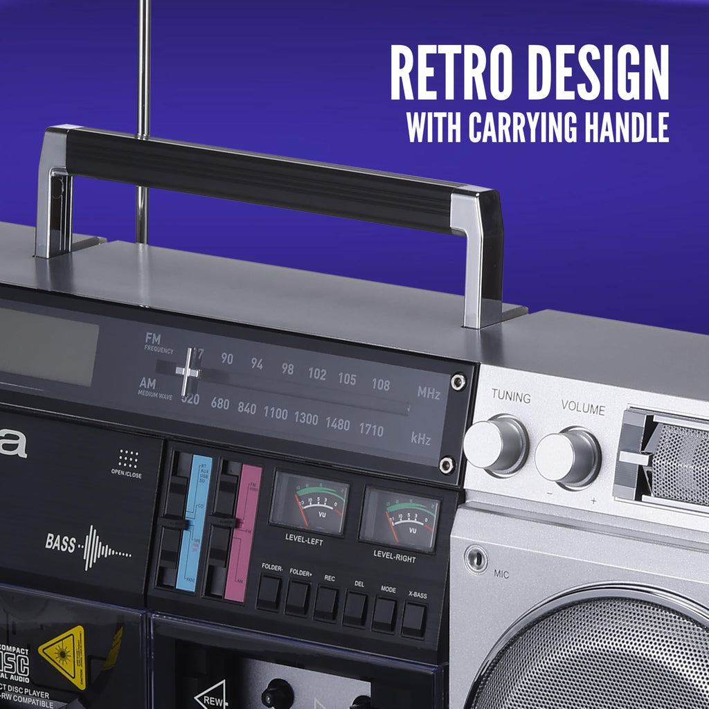 Retro Boombox CD Player with Cassette Recording, Bluetooth, FM/AM Radio, USB/SD/AUX Inputs, Dual 40W Speakers F837094