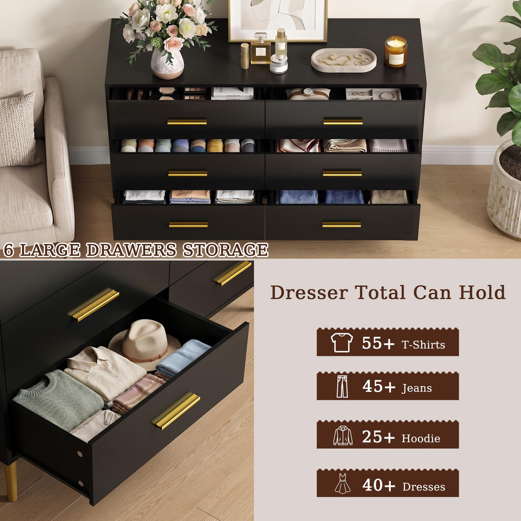 Black 6 Drawer Wood Dresser F396