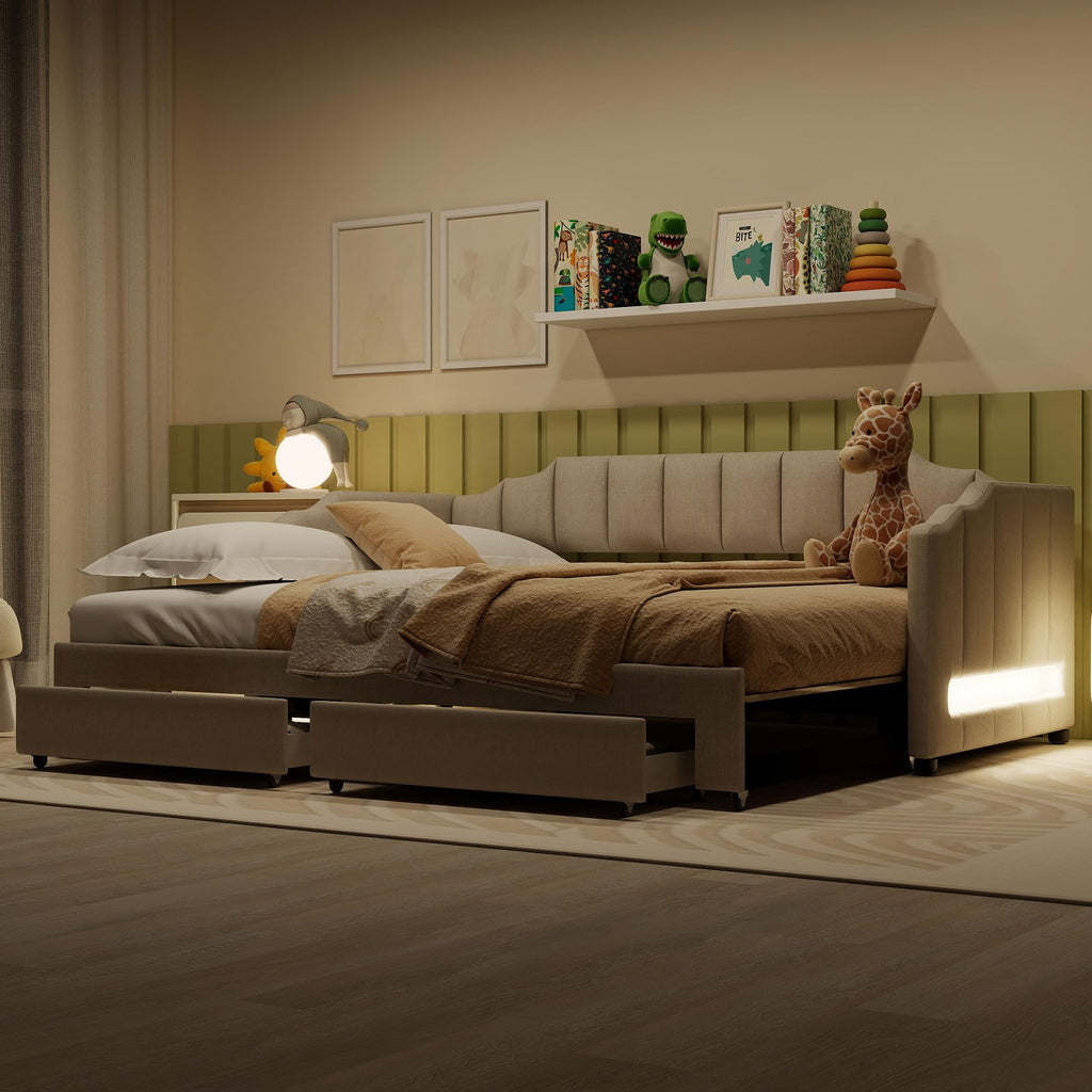 Linen Upholstered Daybed with Trundle and 2 Storage Drawers B978755