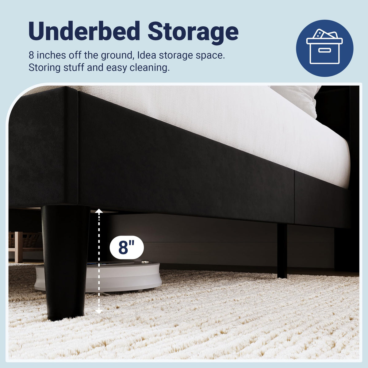 Queen Size Black Velvet Upholstered Platform Bed Frame with Storage Headboard W3457