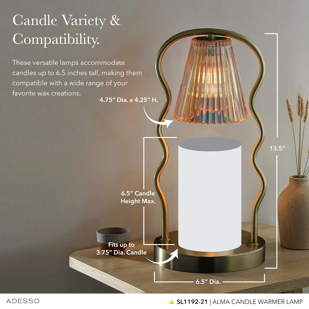 Candle Warmer Lamp, Antique Brass & Ribbed Glass, Dimmable B32325