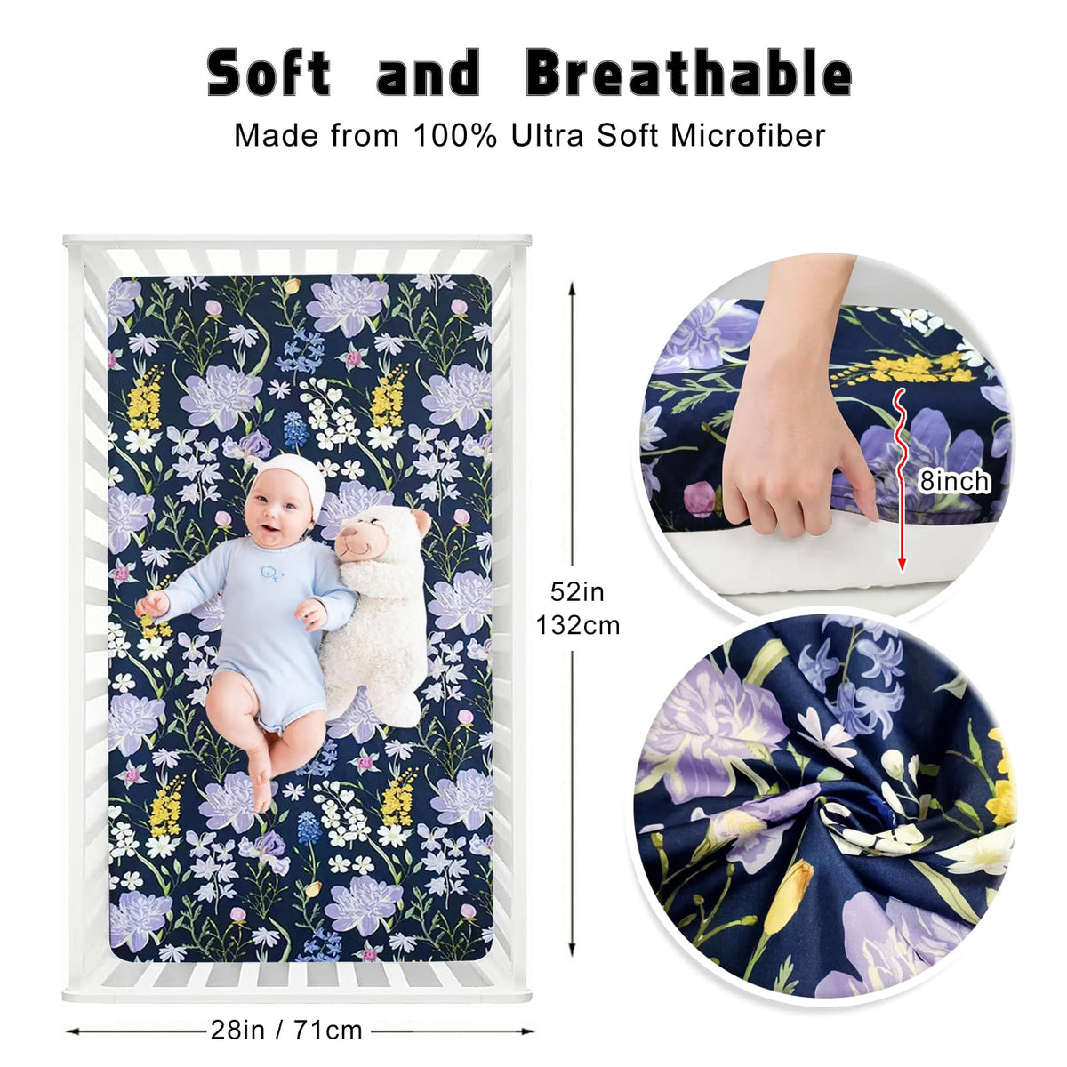 Soft Floral Crib Sheets 3 Pack 28'' X 52'' Fitted Microfiber Violet V766
