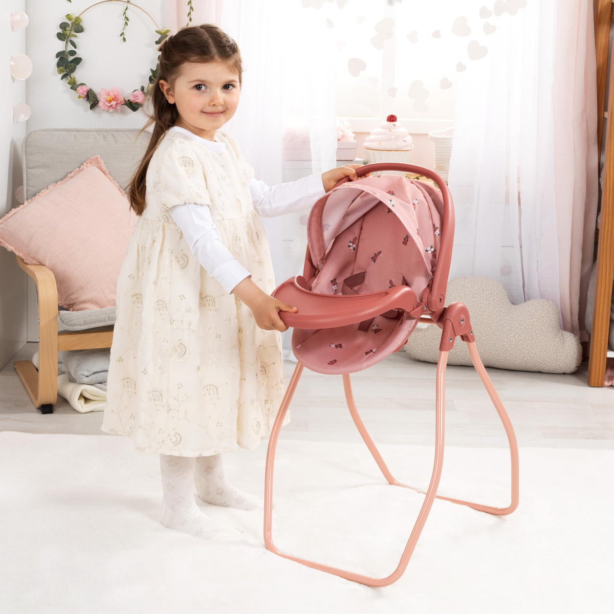Pink Convertible Doll Highchair Swing Bed Car Seat J394980