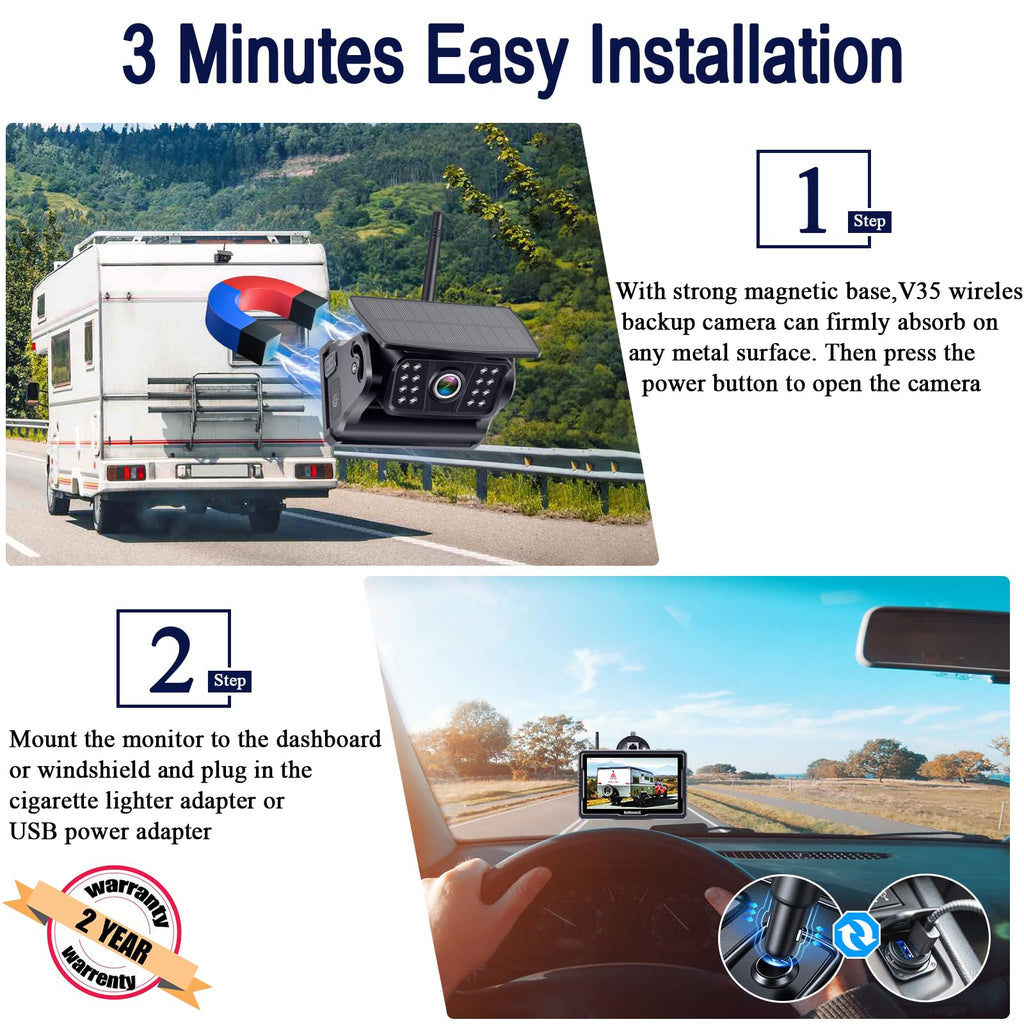 Wireless Solar Magnetic Backup Camera HD 1080P 5'' Monitor Kit M524087