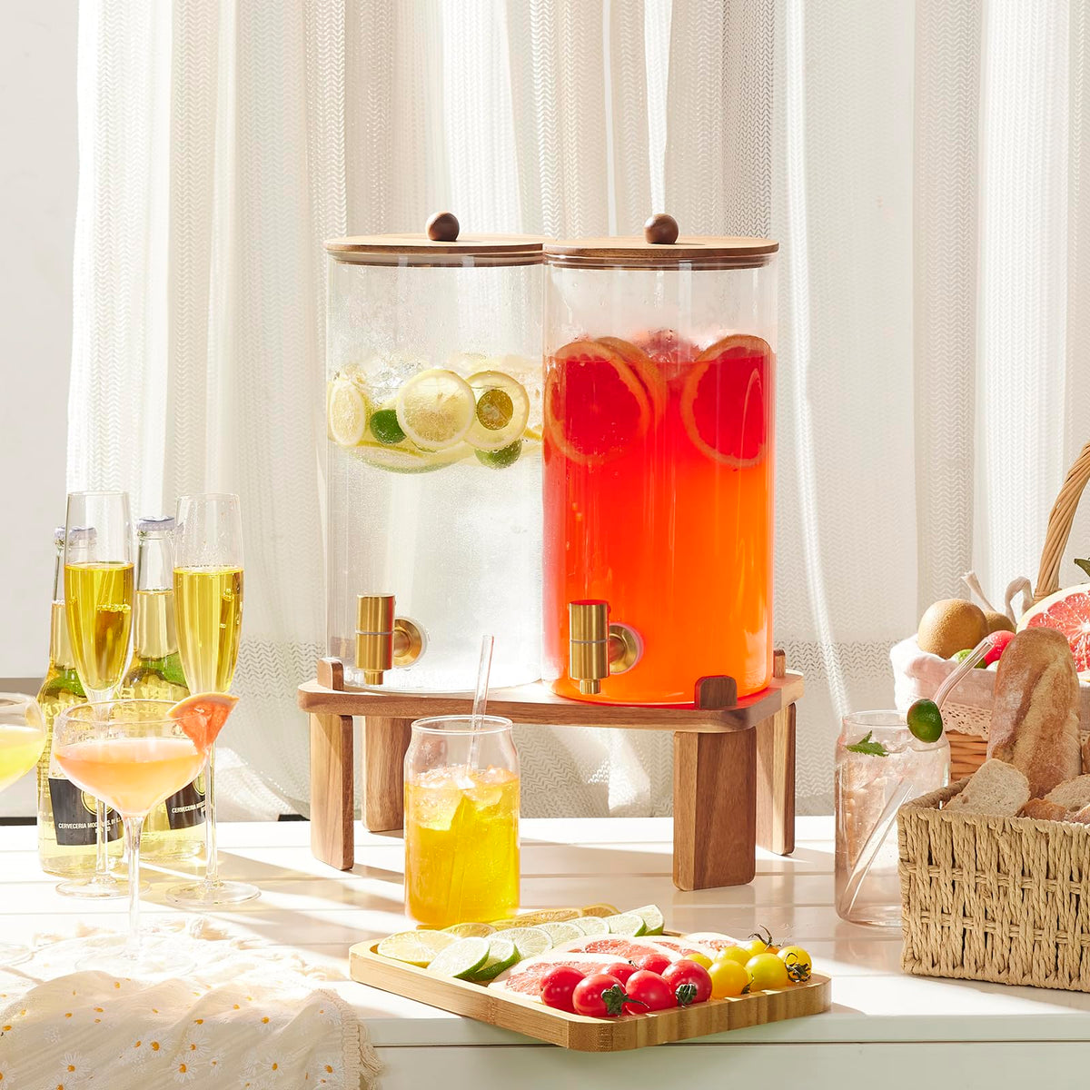 2pcs 1.5 Gallon Glass Drink Dispenser with Wood Stand Y784