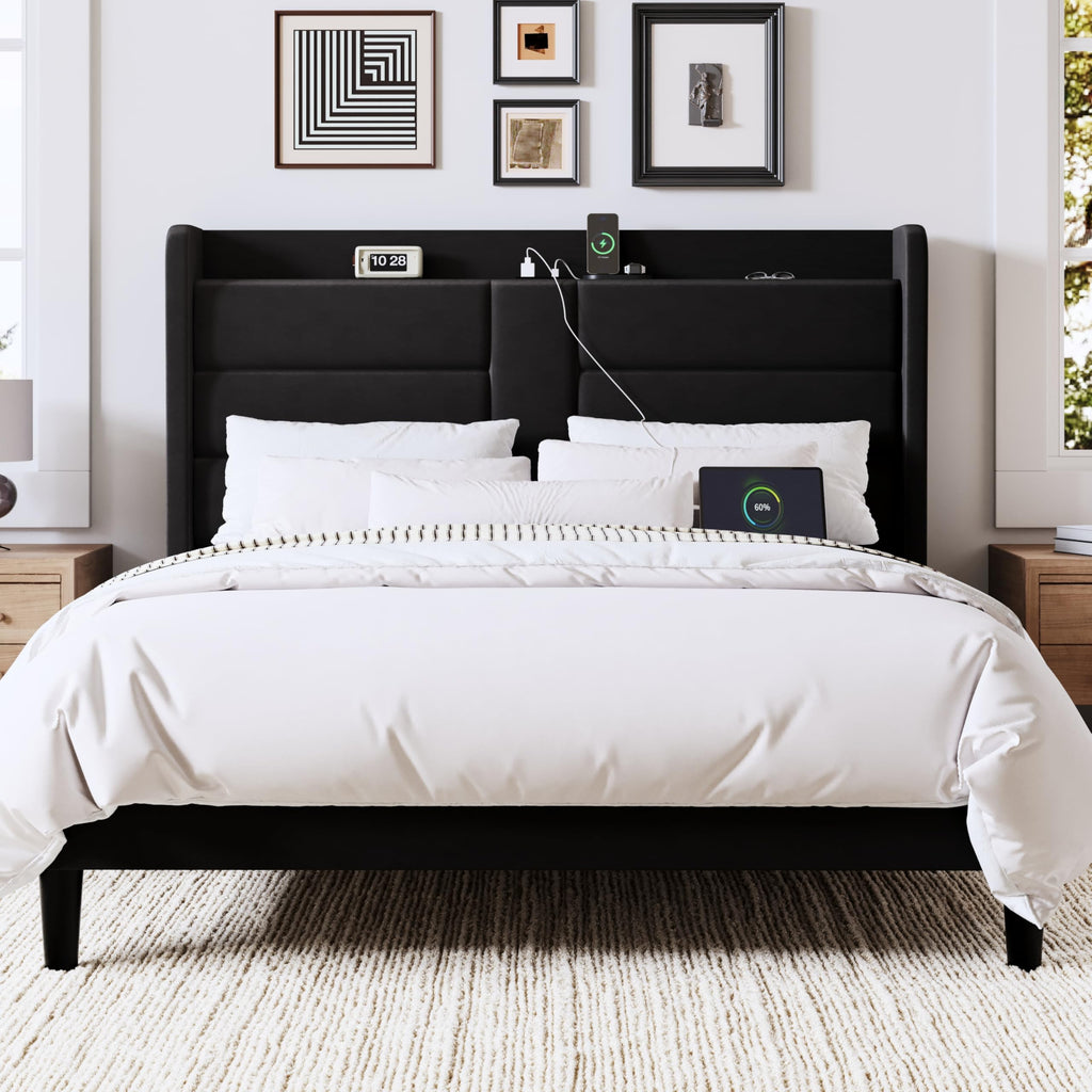 Queen Size Black Velvet Upholstered Platform Bed Frame with Storage Headboard W3457