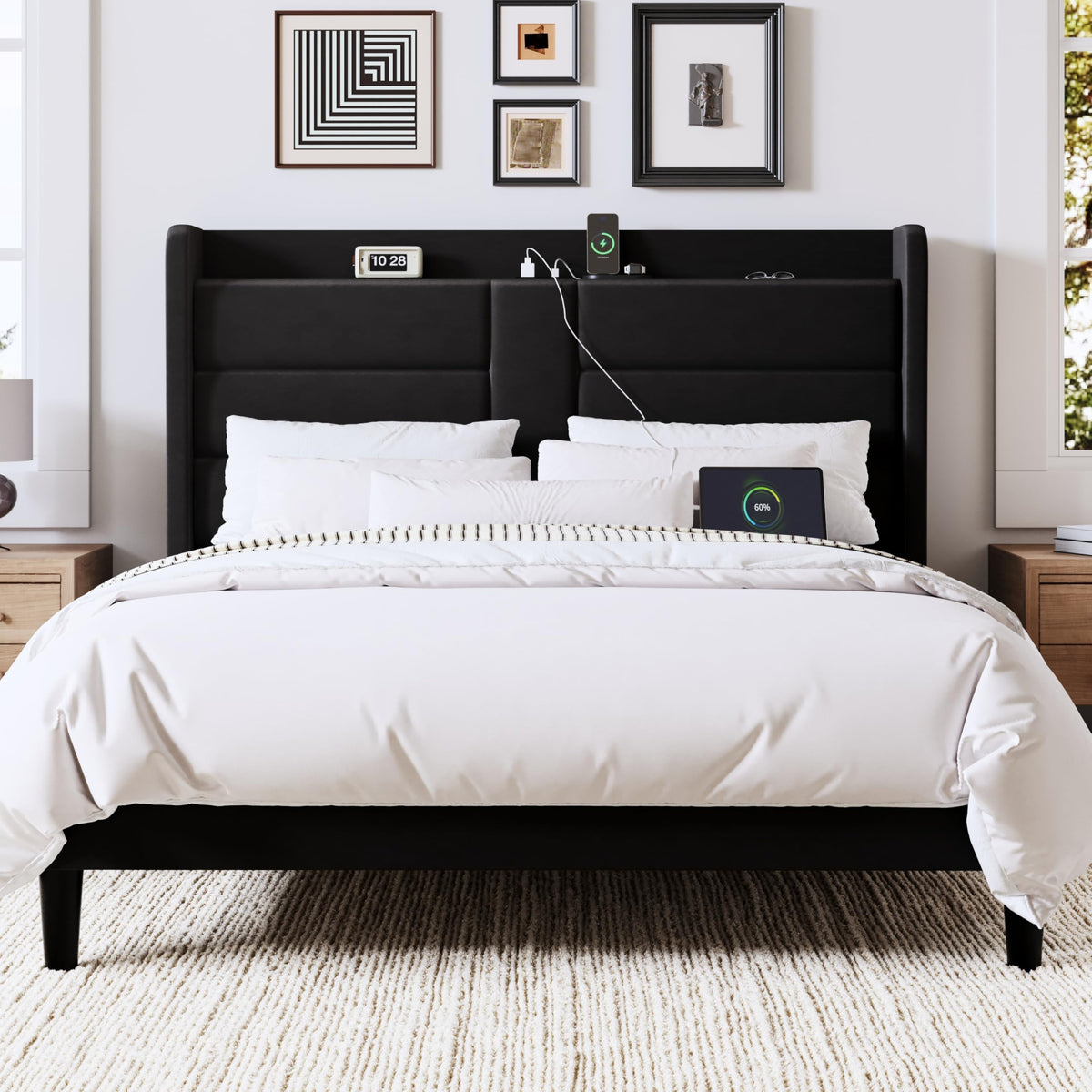 Queen Size Black Velvet Upholstered Platform Bed Frame with Storage Headboard W3457
