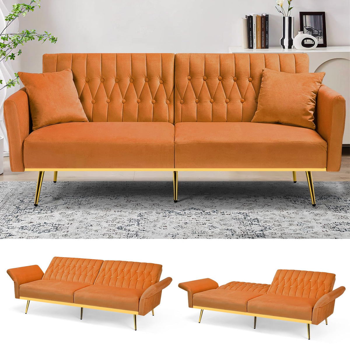 70" Velvet Futon with Adjustable Backrest and Armrests O58171