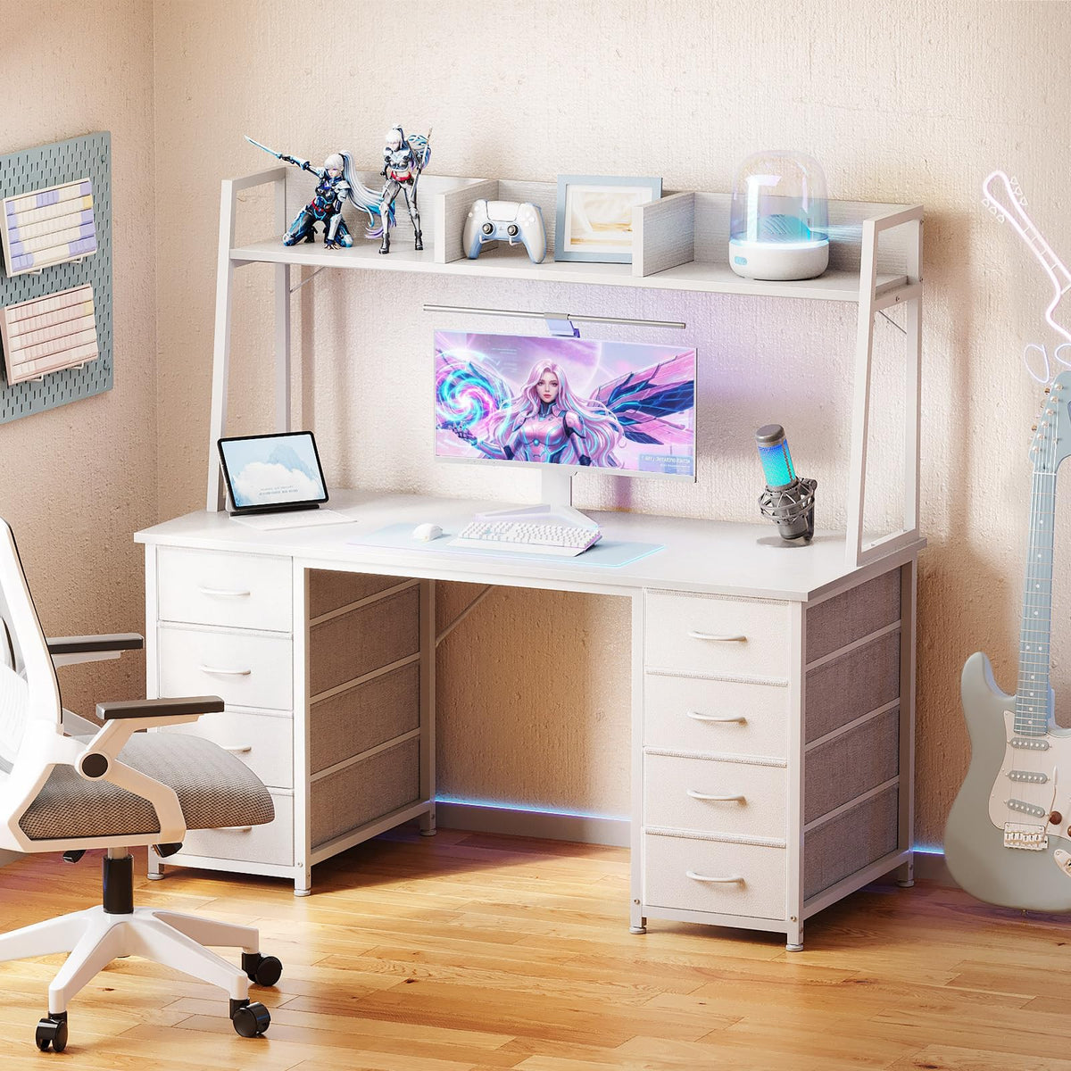 48 Inch White Computer Desk with Hutch and 8 Drawers E800938