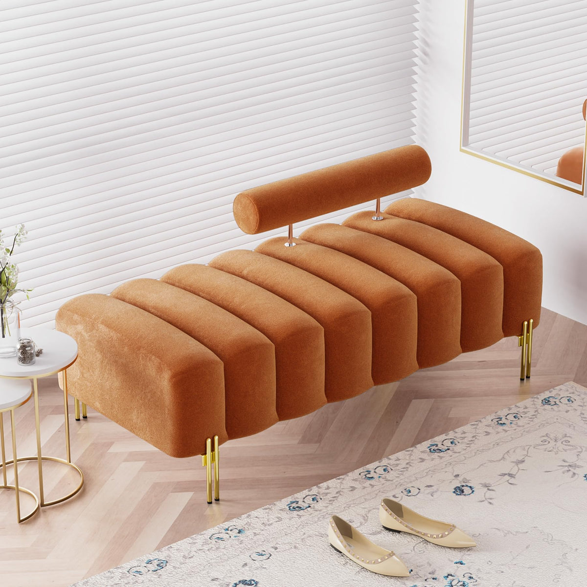 Orange Velvet Ottoman Bench X419199