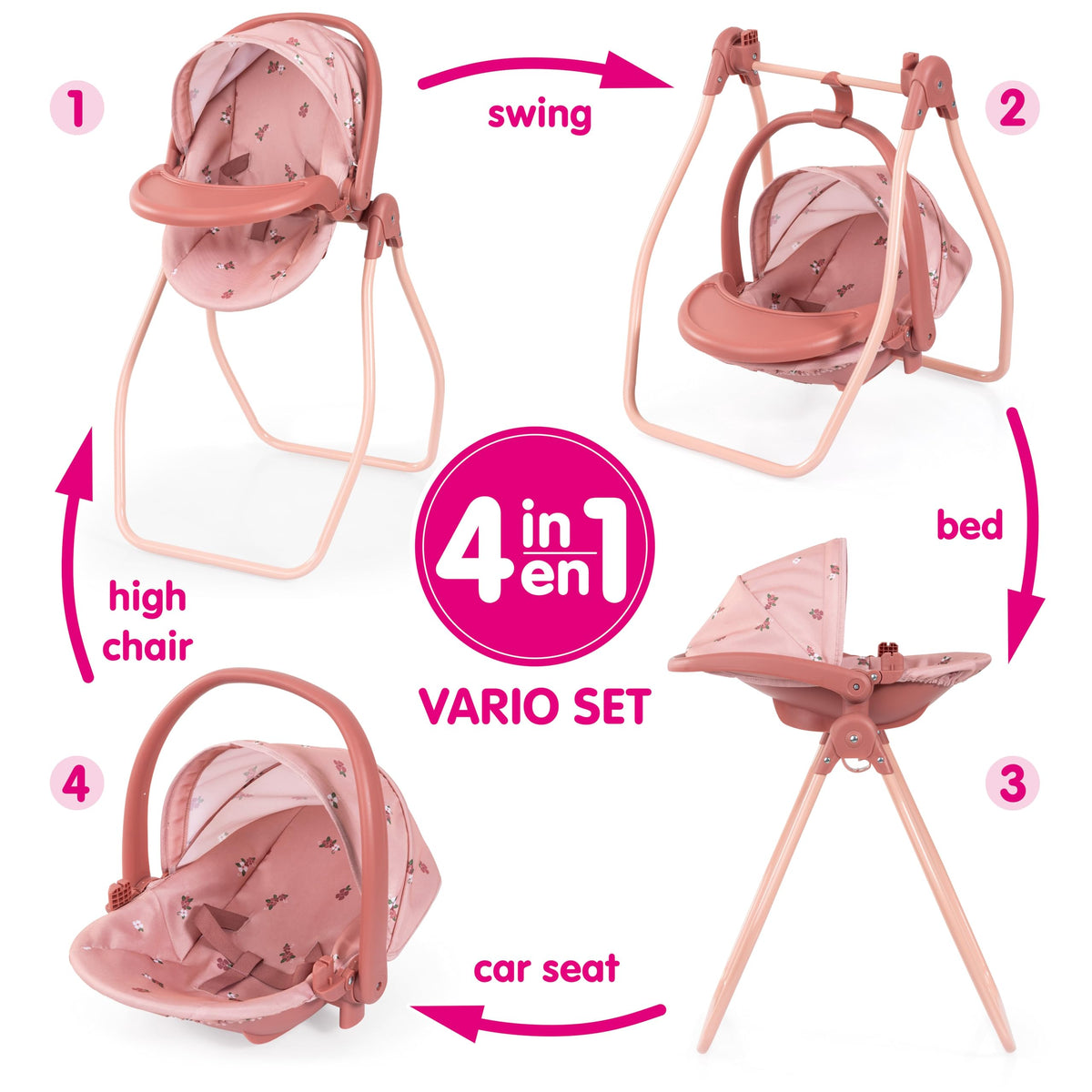 Pink Convertible Doll Highchair Swing Bed Car Seat J394980
