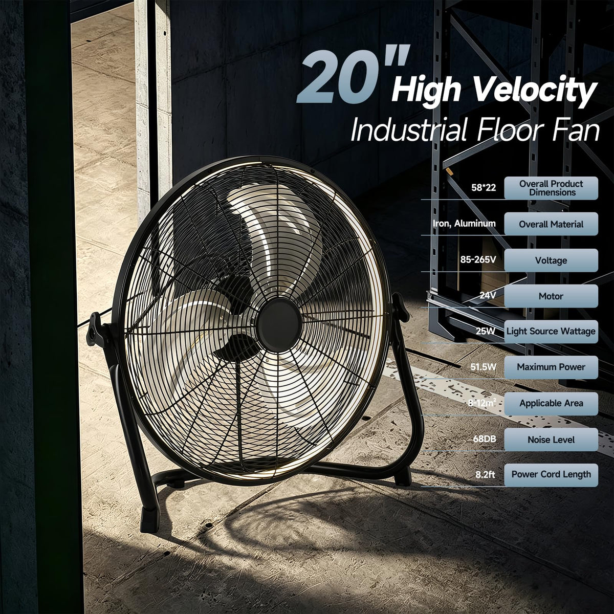 20" High Velocity Metal Floor Fan with Light B140126