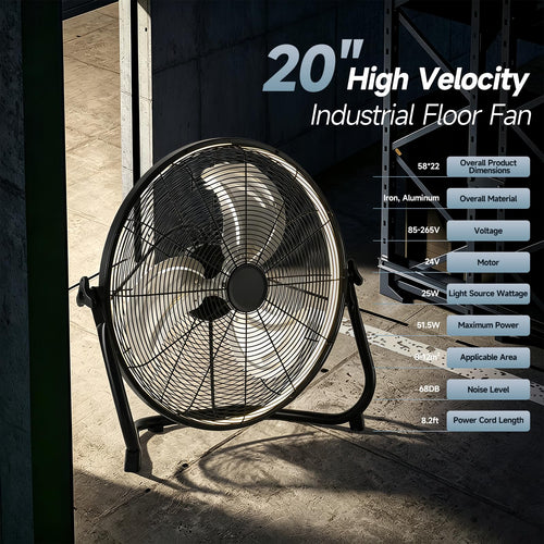 20" High Velocity Metal Floor Fan with Light B140126