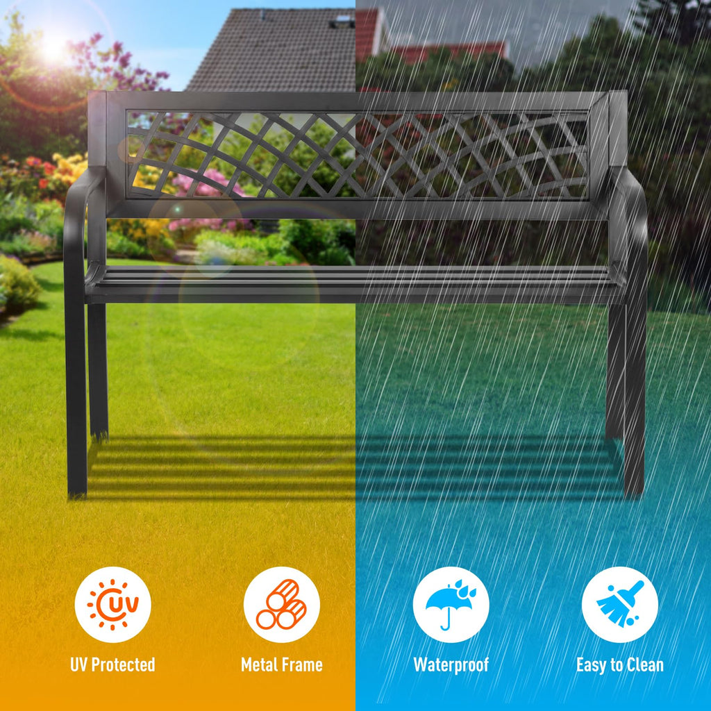 Black Iron Steel Outdoor Bench with Backrest and Armrests X3023